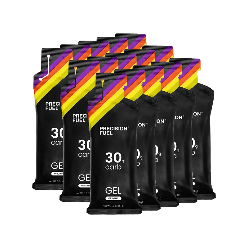 PF Gel by Precision Fuel & Hydration in black packaging, citrus-flavored gel with 30g carbs for fast energy during running and endurance activities