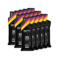 PF Gel by Precision Fuel & Hydration in black packaging, citrus-flavored gel with 30g carbs for fast energy during running and endurance activities