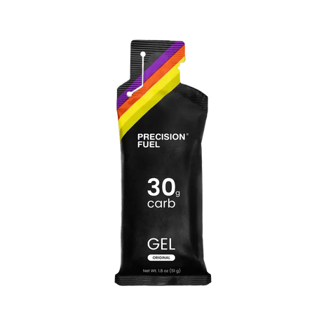 PF Gel Original by Precision Fuel & Hydration in black pack, citrus-flavored carb gel with 30g carbohydrate for fast energy during running
