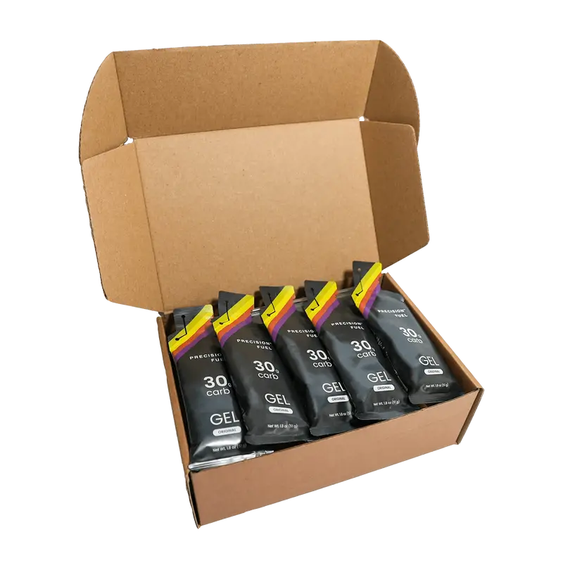 PF Gel by Precision Fuel & Hydration in black packs, citrus-flavored 30g carb gel for fast energy, ideal for endurance running and sports