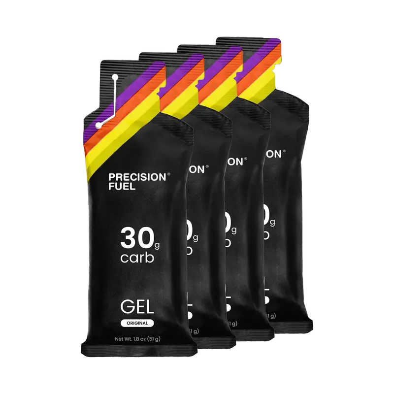 PF Gel Original by Precision Fuel & Hydration in black with yellow and purple, 30g carbohydrate gel for fast energy during running and endurance efforts