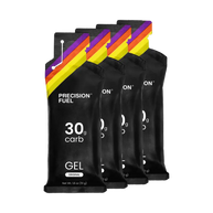 PF Gel Original by Precision Fuel & Hydration in black with yellow and purple, 30g carbohydrate gel for fast energy during running and endurance efforts
