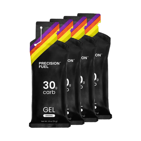 PF Gel Original by Precision Fuel & Hydration in black with yellow and purple, 30g carbohydrate gel for fast energy during running and endurance efforts