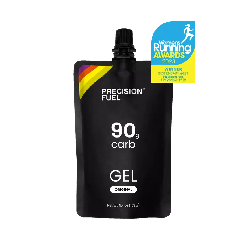 PF Gel Original by Precision Fuel in black pouch delivering 90g carbohydrate with mild citrus flavor for fast energy during running