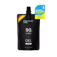 PF Gel Original by Precision Fuel in black pouch delivering 90g carbohydrate with mild citrus flavor for fast energy during running