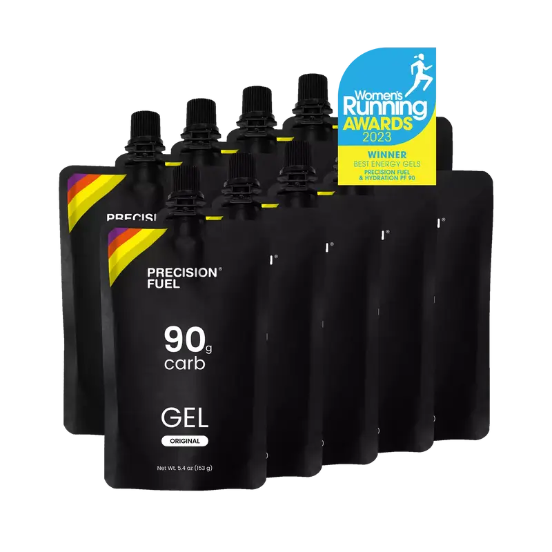 PF Gel Original by Precision Fuel in black pouch with citrus flavor, 90g carbohydrate gel for fast energy in running and endurance activities