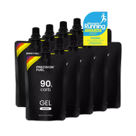 PF Gel Original by Precision Fuel in black pouch with citrus flavor, 90g carbohydrate gel for fast energy in running and endurance activities