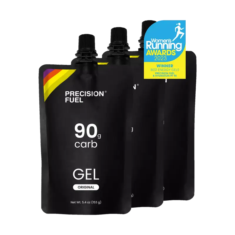 PF Gel by Precision Fuel & Hydration in black pouch, original citrus flavor energy gel with 90g carbohydrate for fast nutrition during running