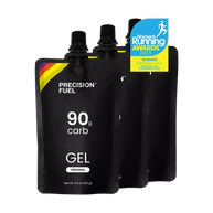PF Gel by Precision Fuel & Hydration in black pouch, original citrus flavor energy gel with 90g carbohydrate for fast nutrition during running