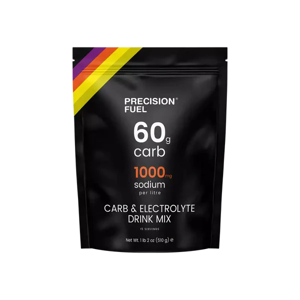 PF Carb & Electrolyte Drink Mix by Precision Fuel & Hydration in black pouch, high carb and sodium for hydration and fuel during running