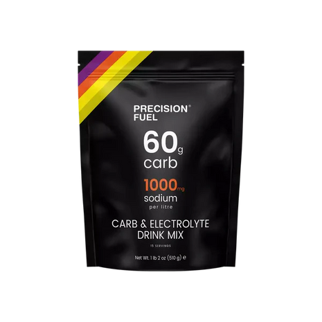 PF Carb & Electrolyte Drink Mix by Precision Fuel & Hydration in black pouch, high carb and sodium for hydration and fuel during running