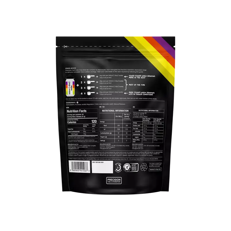 PF Carb Only Drink Mix by Precision Fuel & Hydration in black pack with yellow, orange, and purple stripes, designed for flexible energy fueling in cycling and endurance sports