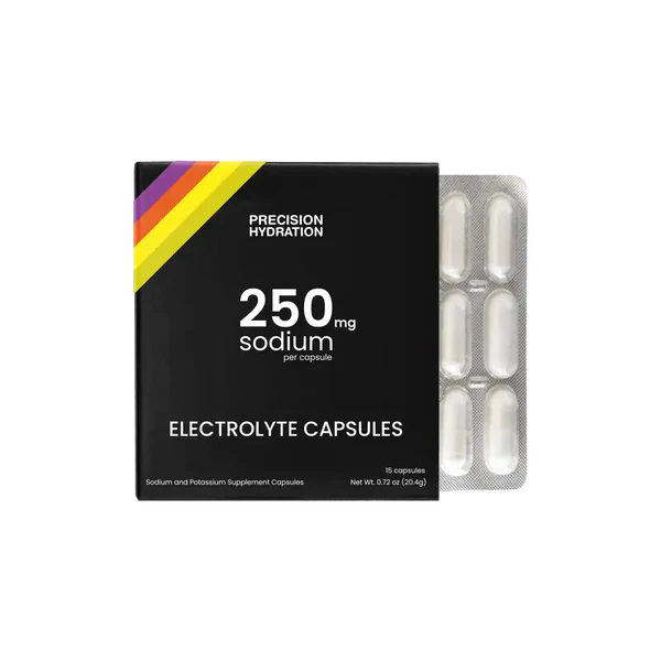 PH Electrolyte Capsules by Precision Fuel & Hydration in black with rainbow detail, sodium capsules for road runners and athletes.