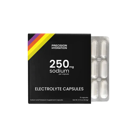 PH Electrolyte Capsules by Precision Fuel & Hydration in black with rainbow detail, sodium capsules for road runners and athletes.