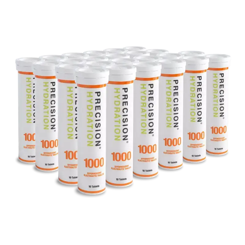 PH Electrolyte Tabs by Precision Fuel & Hydration in white and orange tubes, electrolyte supplement for hydration during sweating and endurance