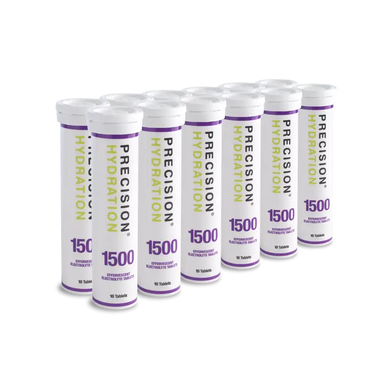 PH Electrolyte Tabs by Precision Fuel & Hydration in white and purple tubes, effervescent hydration tablets for sweat recovery and running support