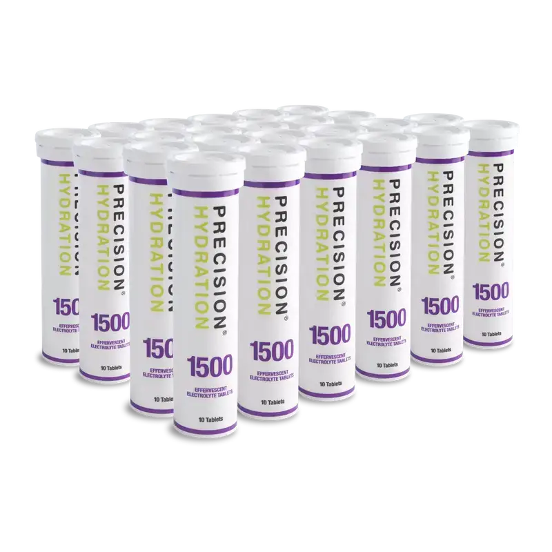 PH Electrolyte Tabs by Precision Fuel & Hydration in white and purple tubes, effervescent electrolyte tablets for hydration during sweating