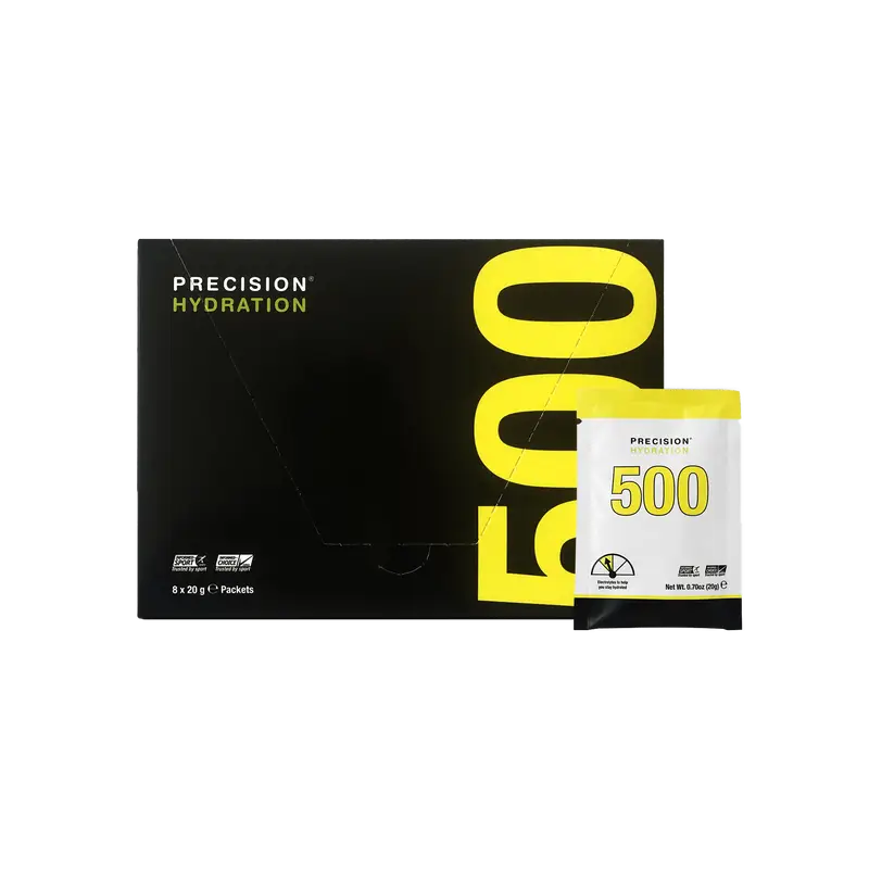 Hydration Powder by Precision Fuel & Hydration in black, white, and yellow, electrolyte drink mix for athletic hydration and sweat replacement
