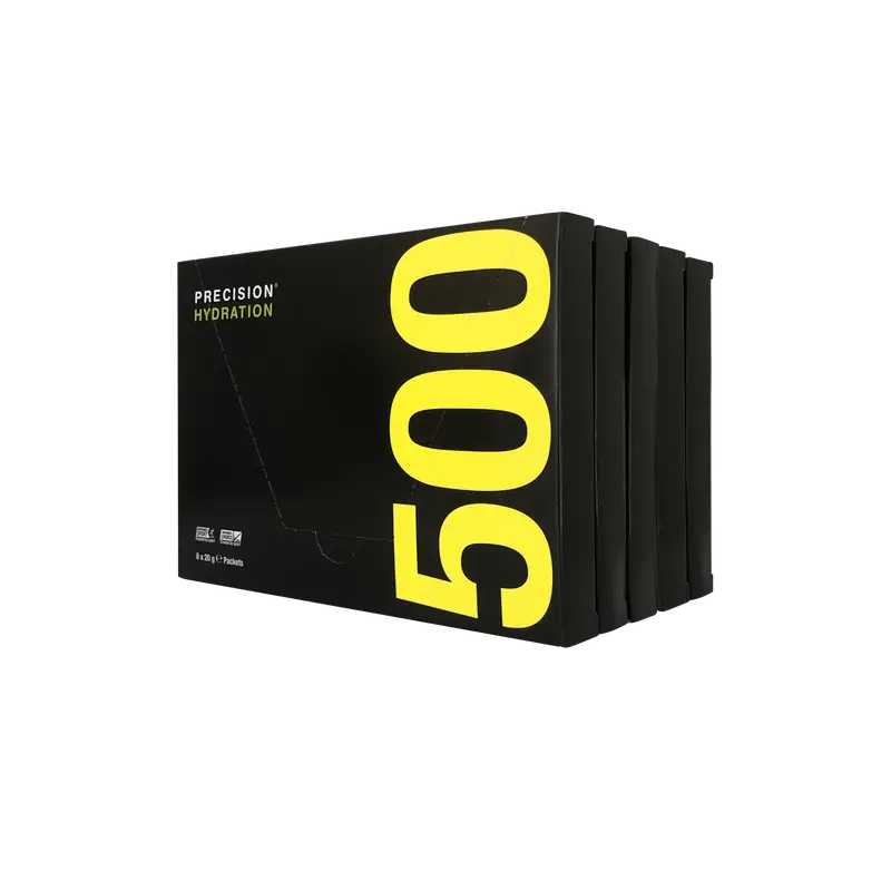Hydration Powder 500 by Precision Fuel & Hydration in black with yellow text, electrolyte drink mix for athletes to stay hydrated
