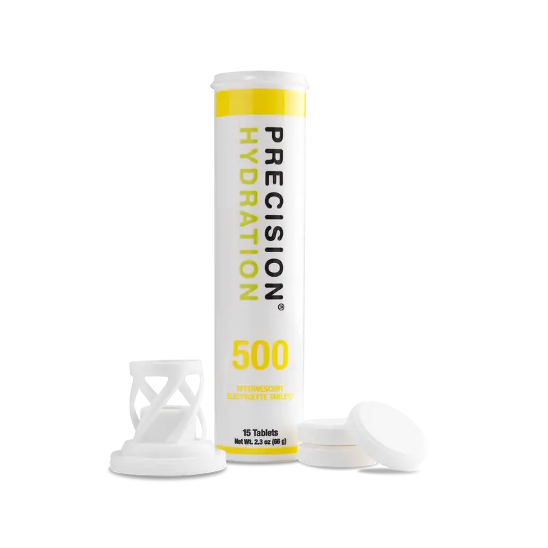 PH Electrolyte Tabs by Precision Fuel & Hydration in white and yellow, electrolyte drink tablets for hydration during sweating