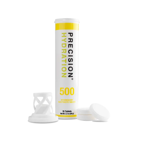 PH Electrolyte Tabs by Precision Fuel & Hydration in white and yellow, electrolyte drink tablets for hydration during sweating