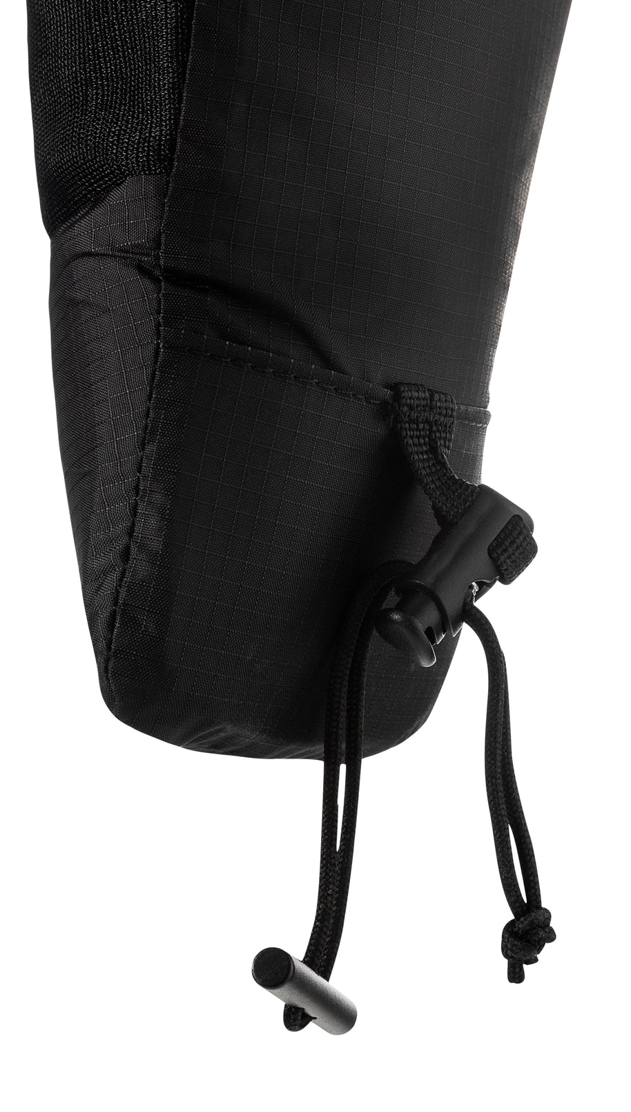 Lower section of the UltrAspire Pole Quiver in Black with the drawcord toggle hanging below