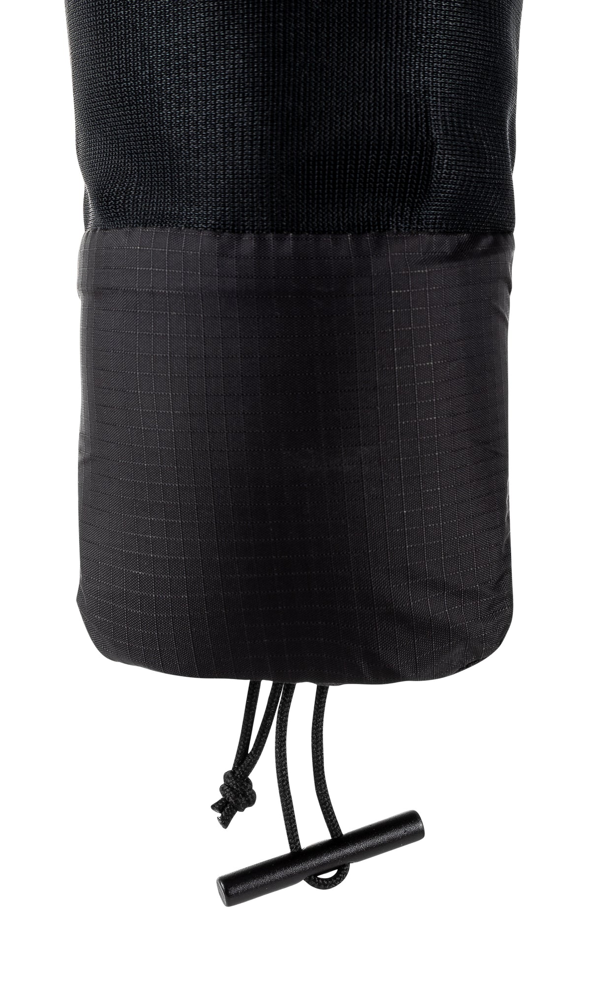 Straight-on view of the base of the UltrAspire Pole Quiver in Black with cinched drawcord and toggle