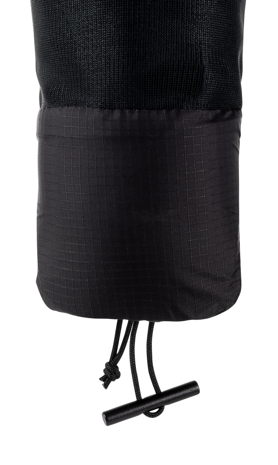 Straight-on view of the base of the UltrAspire Pole Quiver in Black with cinched drawcord and toggle