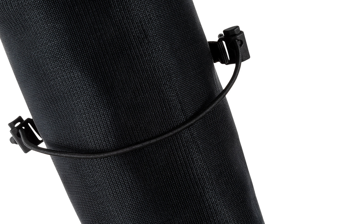 Close-up of the bungee compression strap with clips wrapped around the UltrAspire Pole Quiver in Black