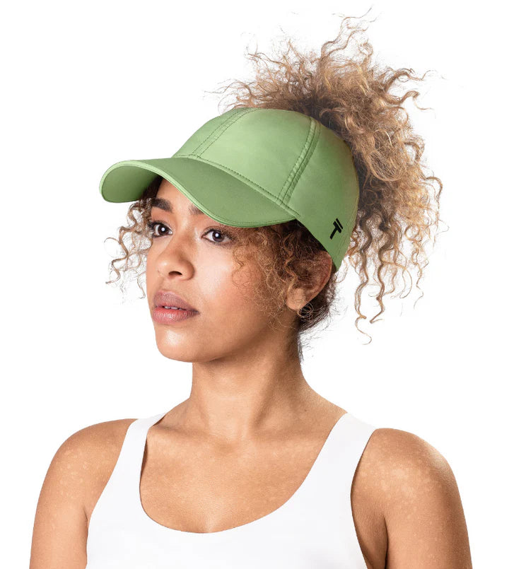 Performance 2.0 Ponytail Cap by Top Knot in light green, breathable women’s hat designed for comfort and active running in Canada