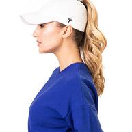 Performance 2.0 Ponytail Cap by Top Knot in white, designed for modern women with ponytail opening, ideal for running and outdoor activities.