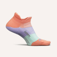 Elite Light Cushion No Show Tab by Feetures in orange, purple, and mint with anatomical design and targeted compression for running comfort