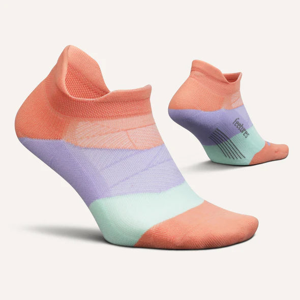 Elite Light Cushion No Show Tab by Feetures in coral, lavender, and mint with anatomical design for running and active use