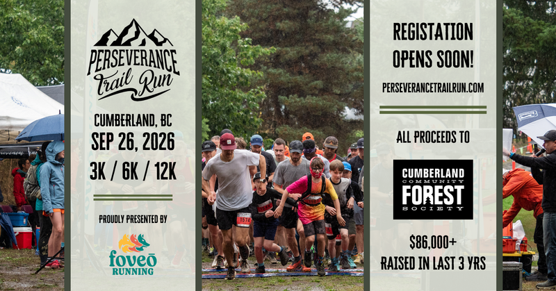Group of runners starting Perseverance Trail Run in Cumberland BC on rainy day, event supporting local forest conservation efforts