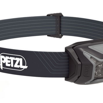 Actik Lamp by Petzl in black and grey, 450 lumens headlamp for running, trekking, and mountaineering with comfortable fit and safety features