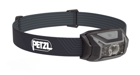 Actik Lamp by Petzl in black and grey, 450 lumens headlamp for running, trekking, and mountaineering with comfortable fit and safety features