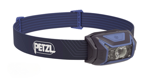 Actik Lamp by Petzl in blue and black, 450 lumens headlamp designed for running, trekking, and mountaineering safety outdoors
