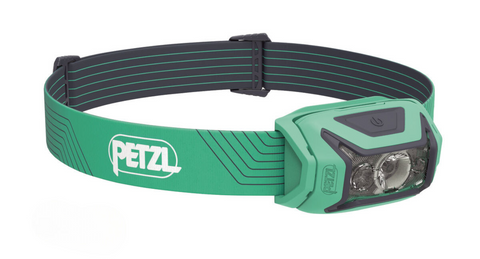 Actik Lamp by Petzl in green and grey, lightweight headlamp with 450 lumens for running, trekking, and mountaineering safety