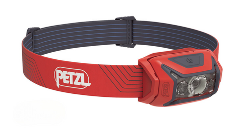 Actik Lamp by Petzl in red and grey, 450 lumens powerful headlamp ideal for running, trekking, and mountaineering safety
