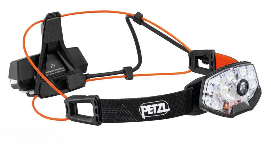 Nao RL Headlamp by Petzl in black and orange, rechargeable 1500 lumens lightweight headlamp ideal for trail running and safety.