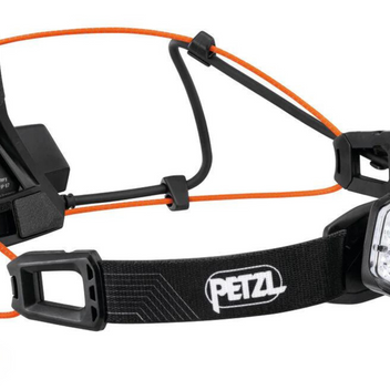 Nao RL Headlamp by Petzl in black and orange, rechargeable 1500 lumens lightweight headlamp ideal for trail running and safety.