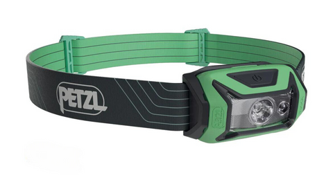 Tikka Lamp by Petzl in black and green, 350 lumens LED headlamp designed for night hikes and camping safety accessories