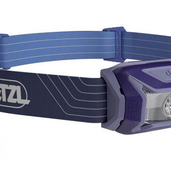 Tikka Lamp by Petzl in blue and purple, lightweight LED headlamp with 350 lumens ideal for night hikes and camping safety