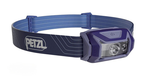 Tikka Lamp by Petzl in blue and purple, lightweight LED headlamp with 350 lumens ideal for night hikes and camping safety