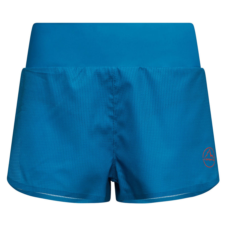 Freccia Short - Women by La Sportiva in blue lightweight breathable running shorts with flatlock seams and elastic waistband for race day comfort