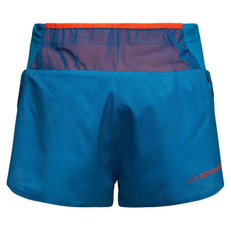 Freccia Short - Women by La Sportiva in blue with orange detail, lightweight breathable running shorts with inner brief and mesh pocket