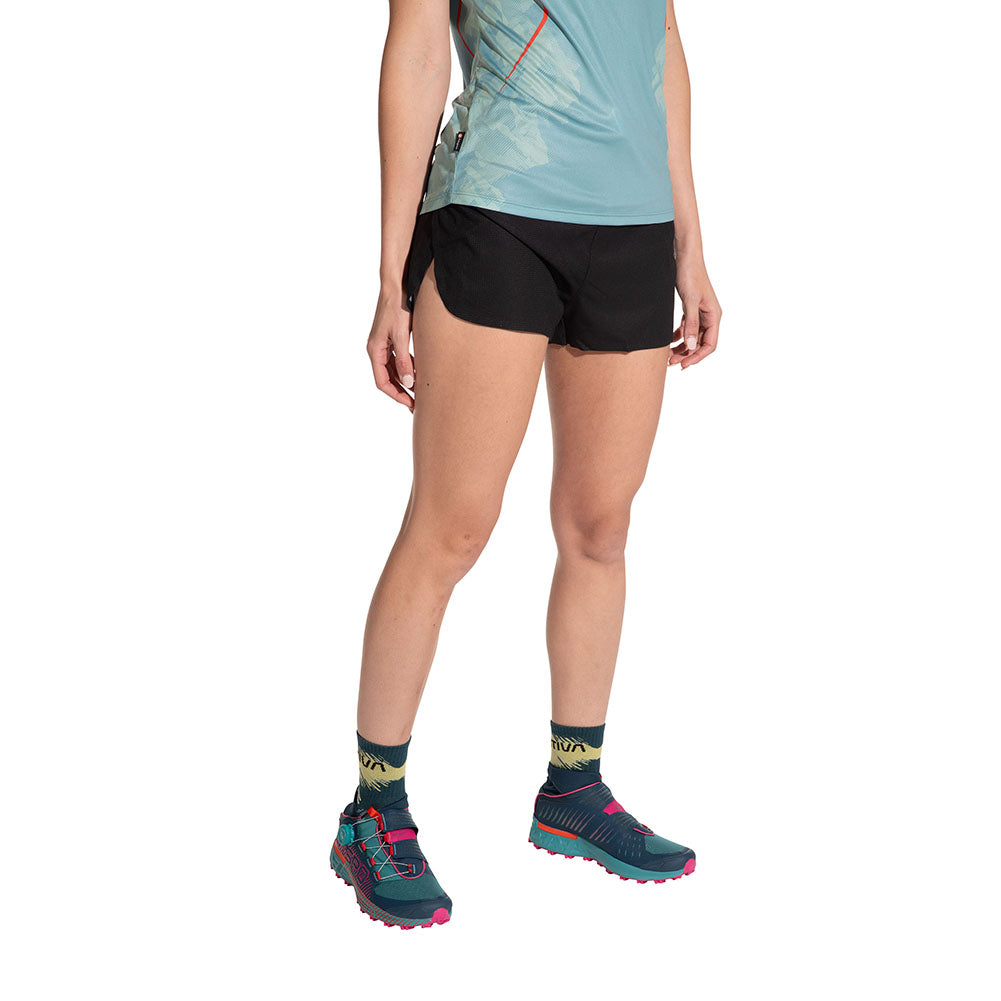 Freccia Short - Women by La Sportiva in black lightweight breathable running shorts with elastic waistband and mesh pocket for race day comfort