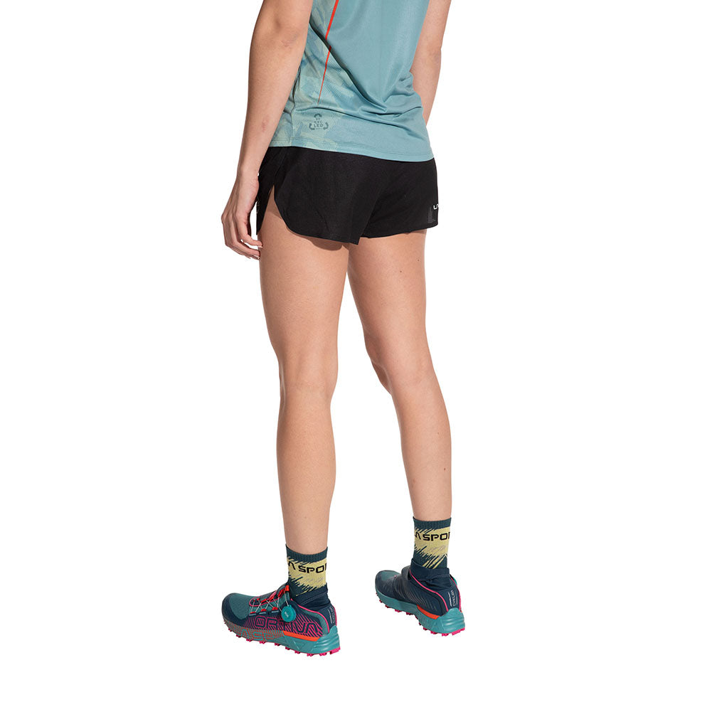 Freccia Short - Women by La Sportiva in black, lightweight breathable running shorts with elastic waistband and backside mesh pocket for race day comfort