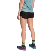 Freccia Short - Women by La Sportiva in black, lightweight breathable running shorts with elastic waistband and backside mesh pocket for race day comfort
