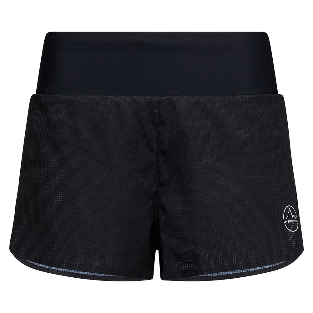 Freccia Short - Women by La Sportiva in black lightweight breathable running shorts with elastic waistband and mesh pocket for race day comfort